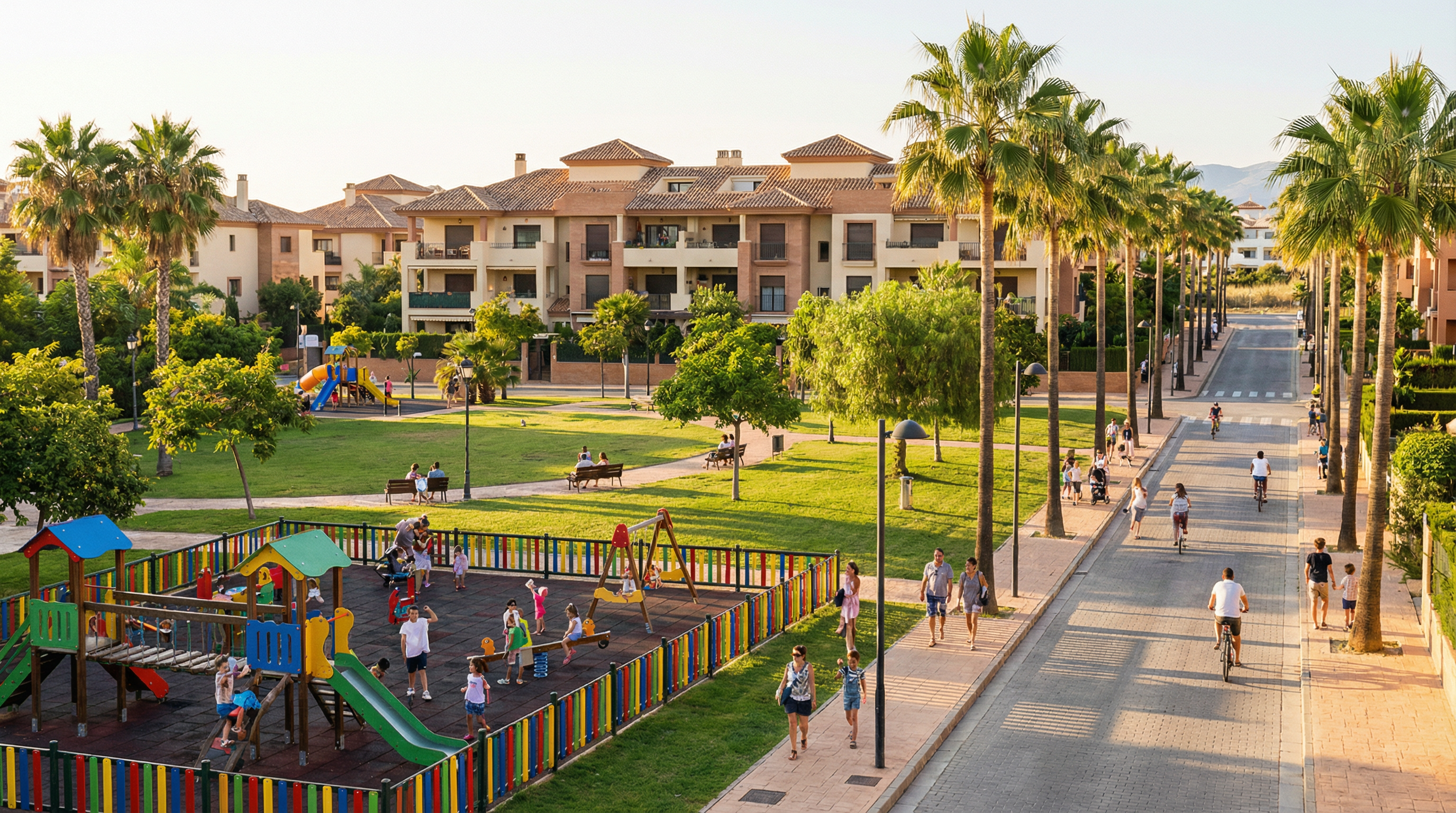 Un quartier familial sur la Costa del Sol avec des aires de jeux, des rues bordées de palmiers et des enfants jouant dans un parc verdoyant sous un soleil doré.