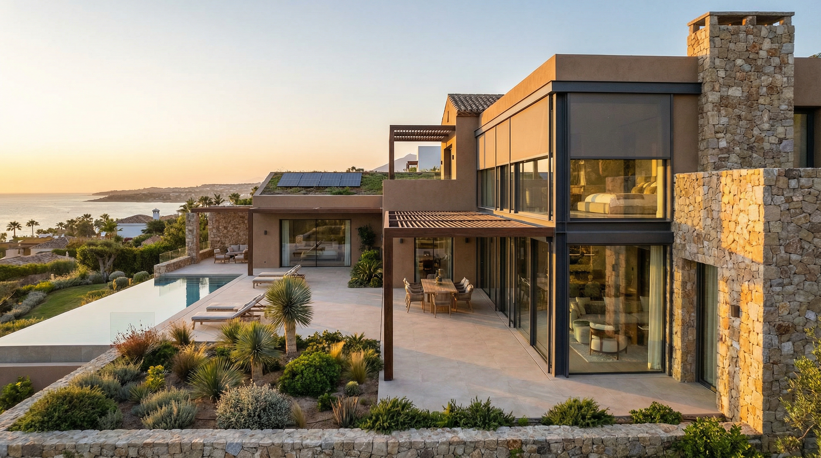 Moderne Kü villa an der Costa del Sol, die mediterranen Charakter mit zeitgenössischem Design vereint, umgeben von atemberaubender Küstenlandschaft.