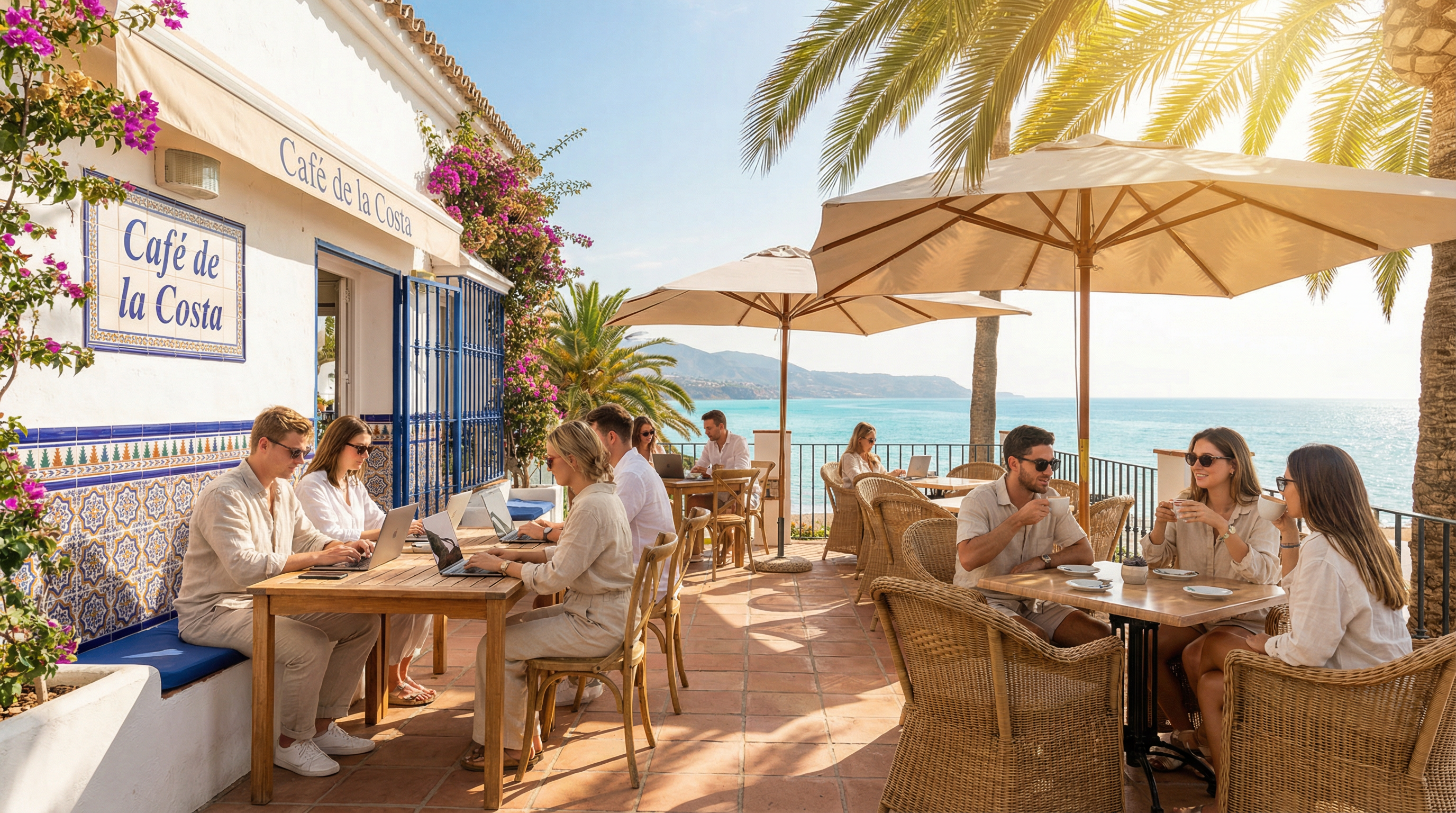 Een prachtig uitzicht op de kustlijn van de Costa del Sol, perfect voor werken op afstand met een laptop in de zon.
