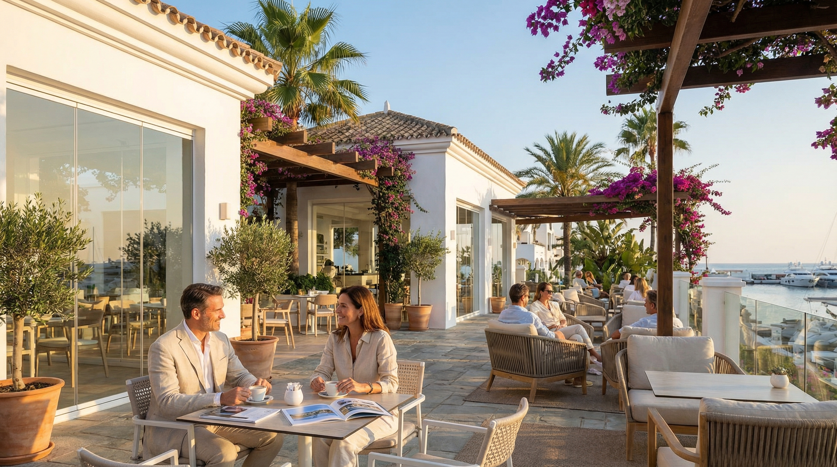 En hyggelig café-scene i Puerto Banús, Costa del Sol, med moderne arkitektur, åbne siddepladser og frodig bougainvillea, der skaber en afslappet atmosfære.