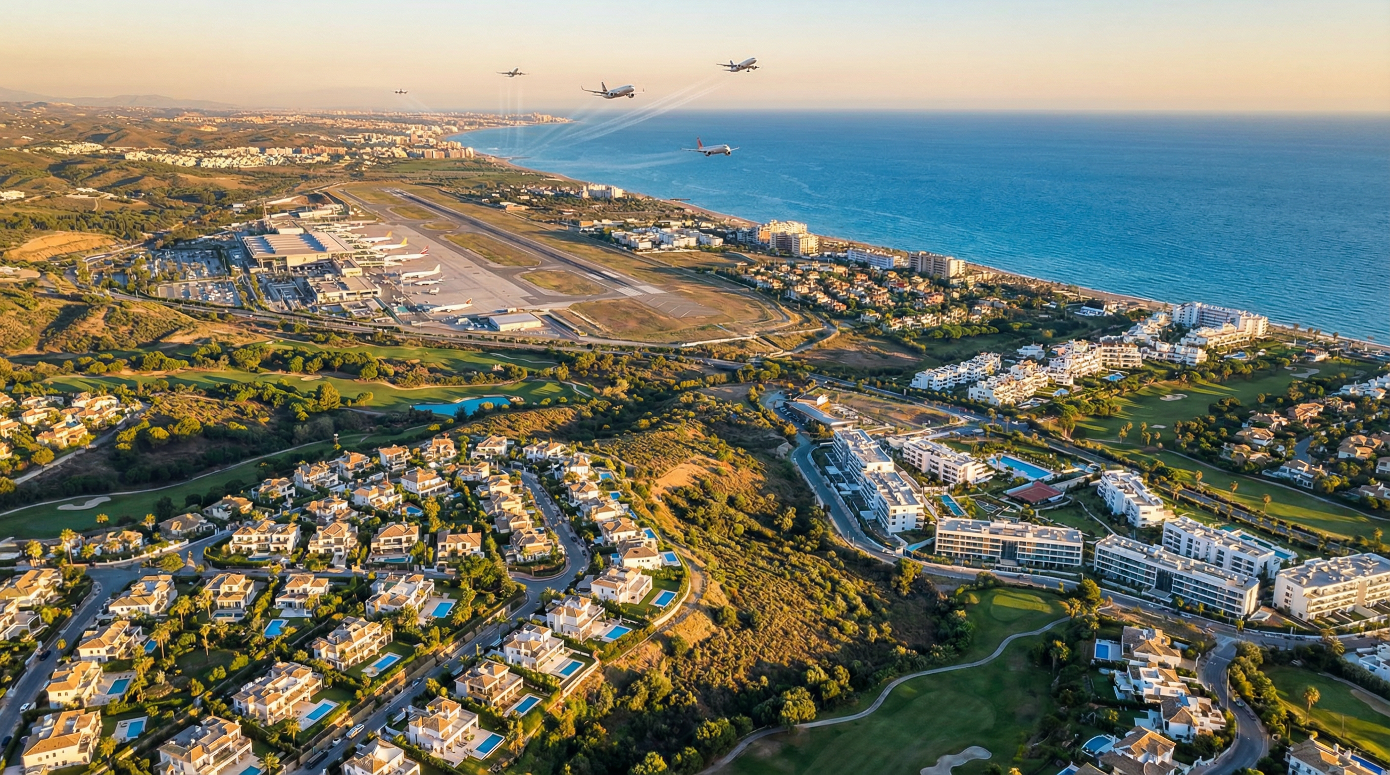 Luchtfoto van luchthaven Málaga met de Costa del Sol op de achtergrond, luxe woningen in Marbella en Estepona zichtbaar in gouden zonlicht.