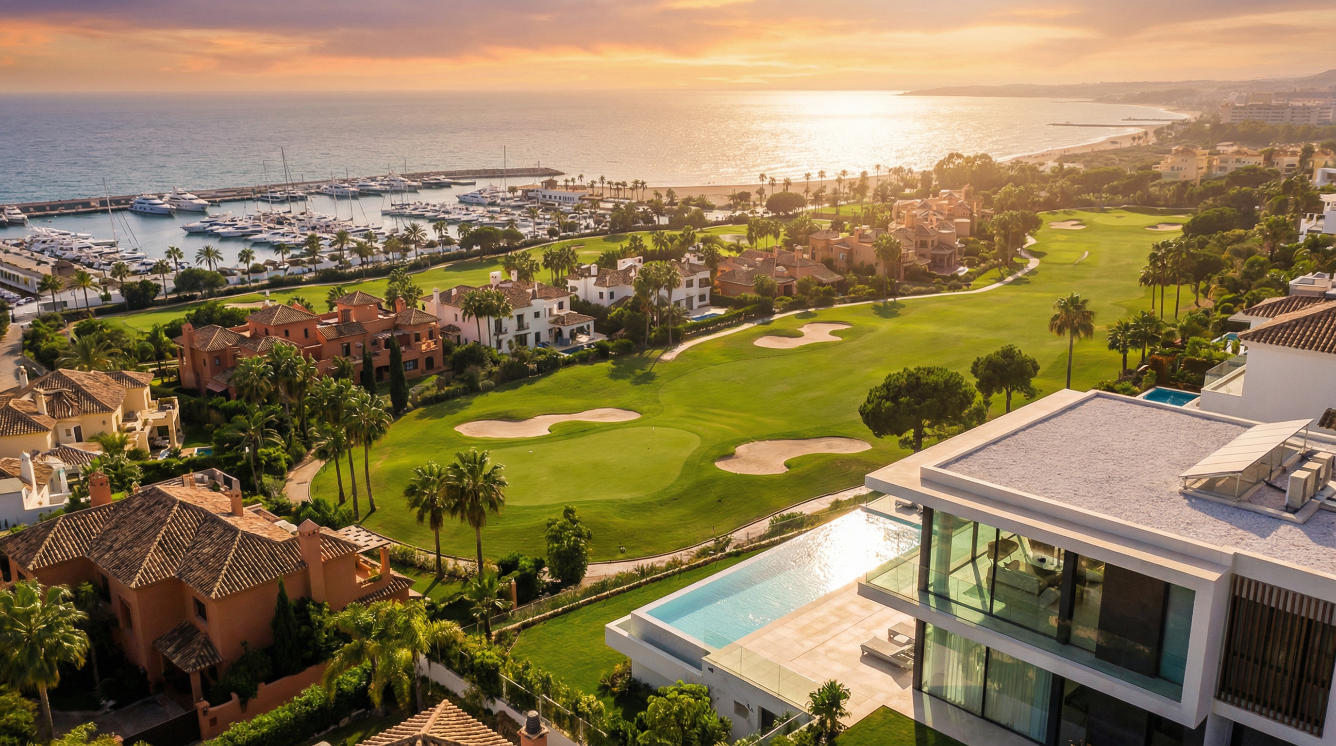 Vue aérienne d'un parcours de golf luxueux sur la Costa del Sol, avec des greens impeccables, une villa moderne et la côte méditerranéenne en arrière-plan.