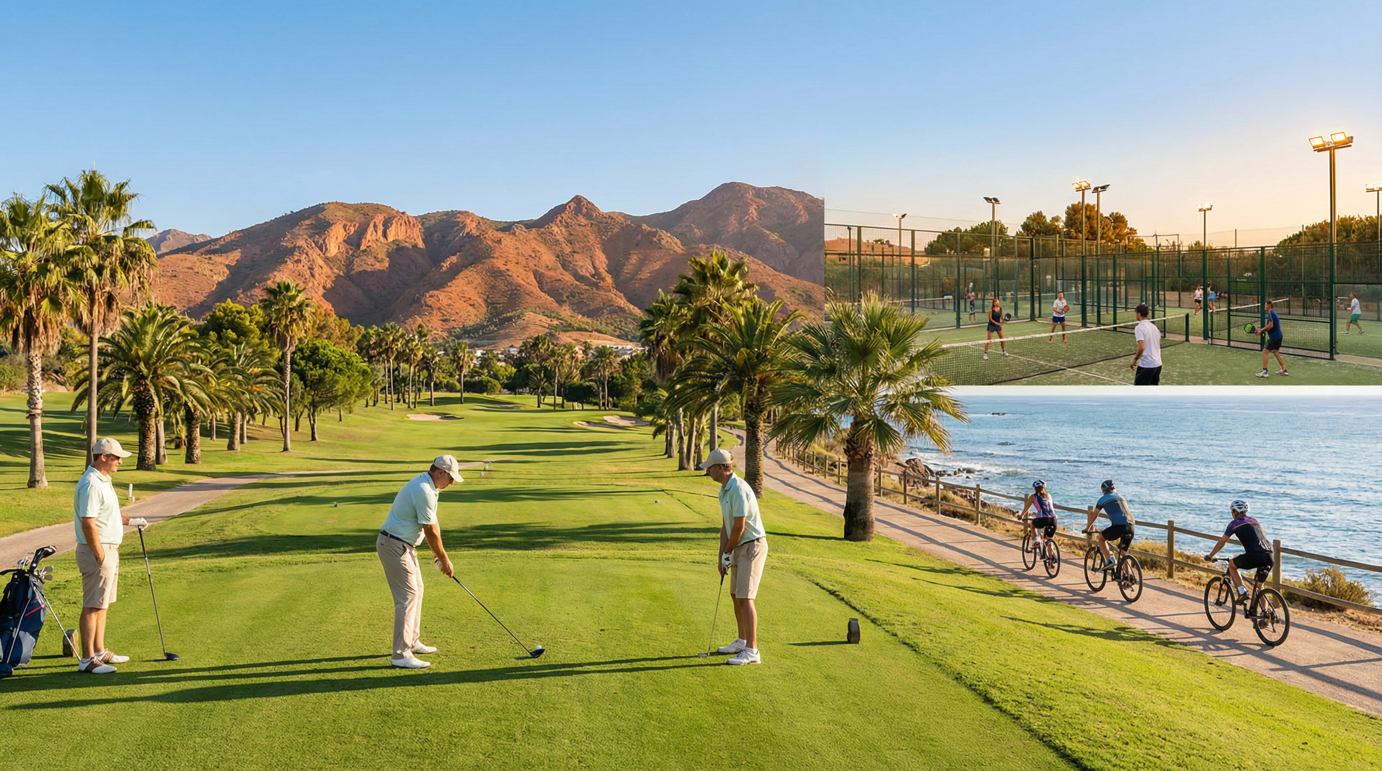 Scène vibrante sur la Costa del Sol montrant un parcours de golf verdoyant, des golfeurs en action, des cyclistes sur un chemin côtier, et des joueurs de padel, sous un ciel bleu.
