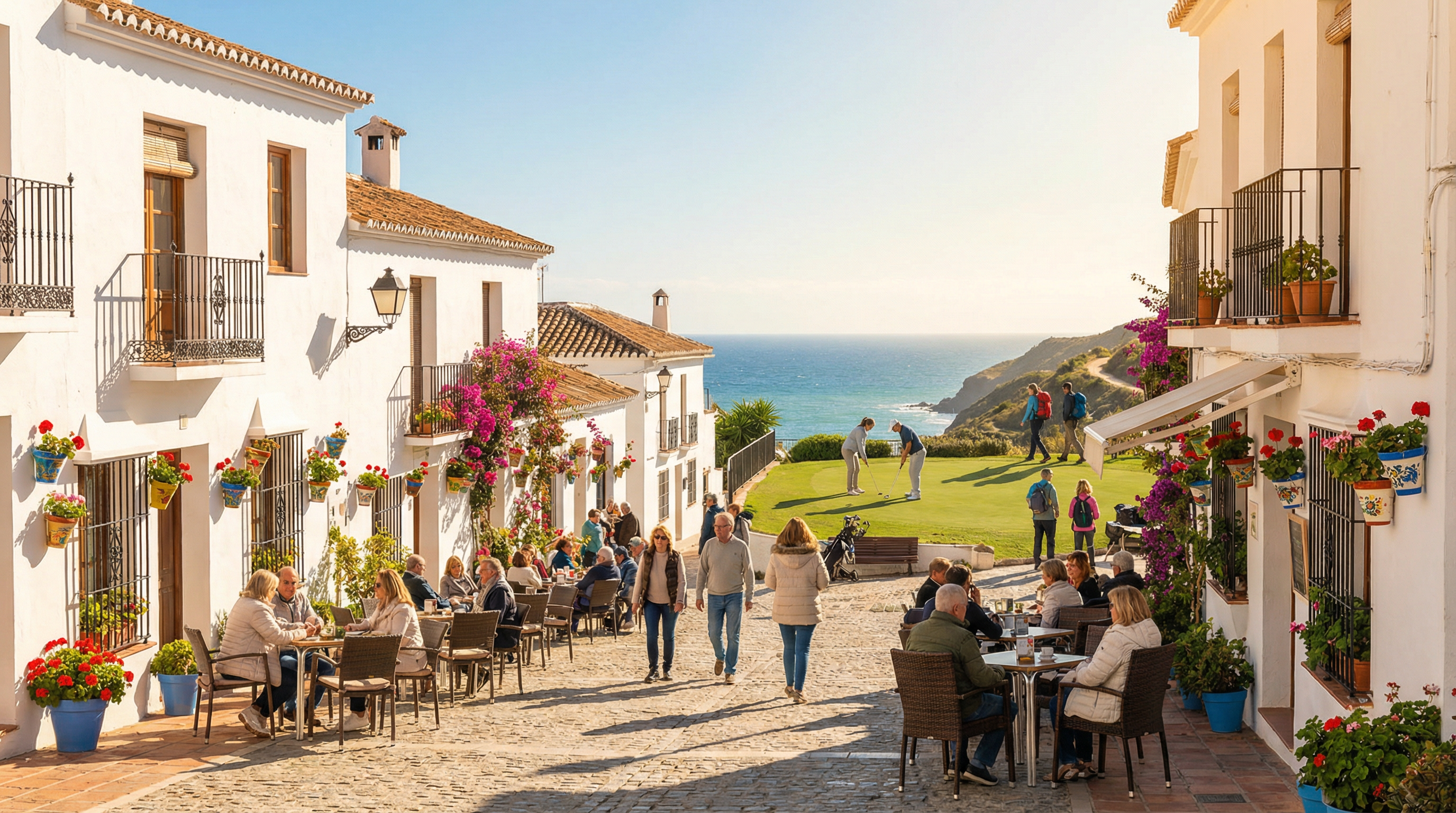 Vue côtière de la Costa del Sol en hiver avec une place de village vibrante, une architecture méditerranéenne et des gens profitant des activités de plein air.