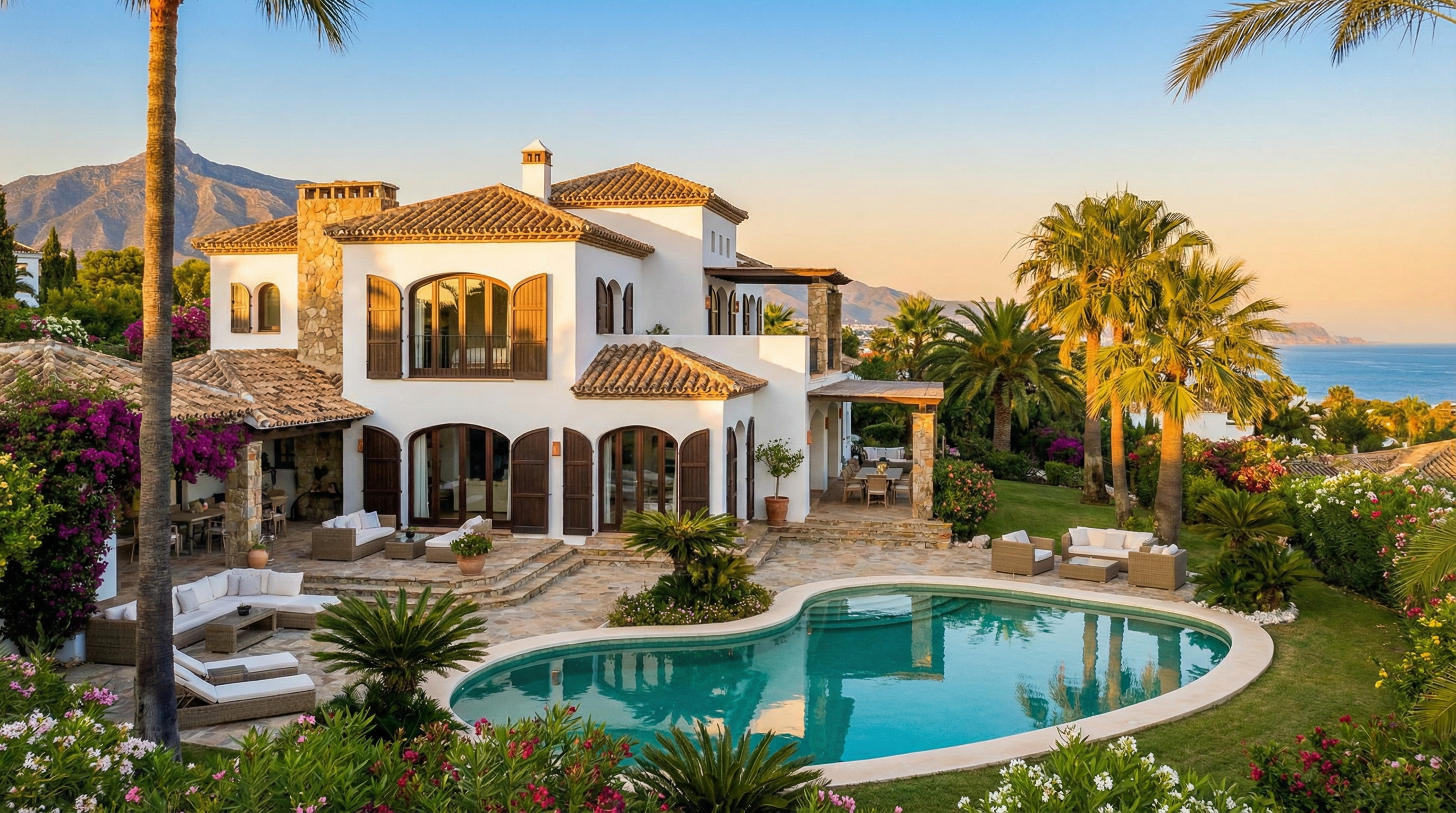 Superbe villa familiale de luxe sur la Costa del Sol avec une architecture méditerranéenne, des jardins luxuriants et une piscine privée avec vue sur la mer.