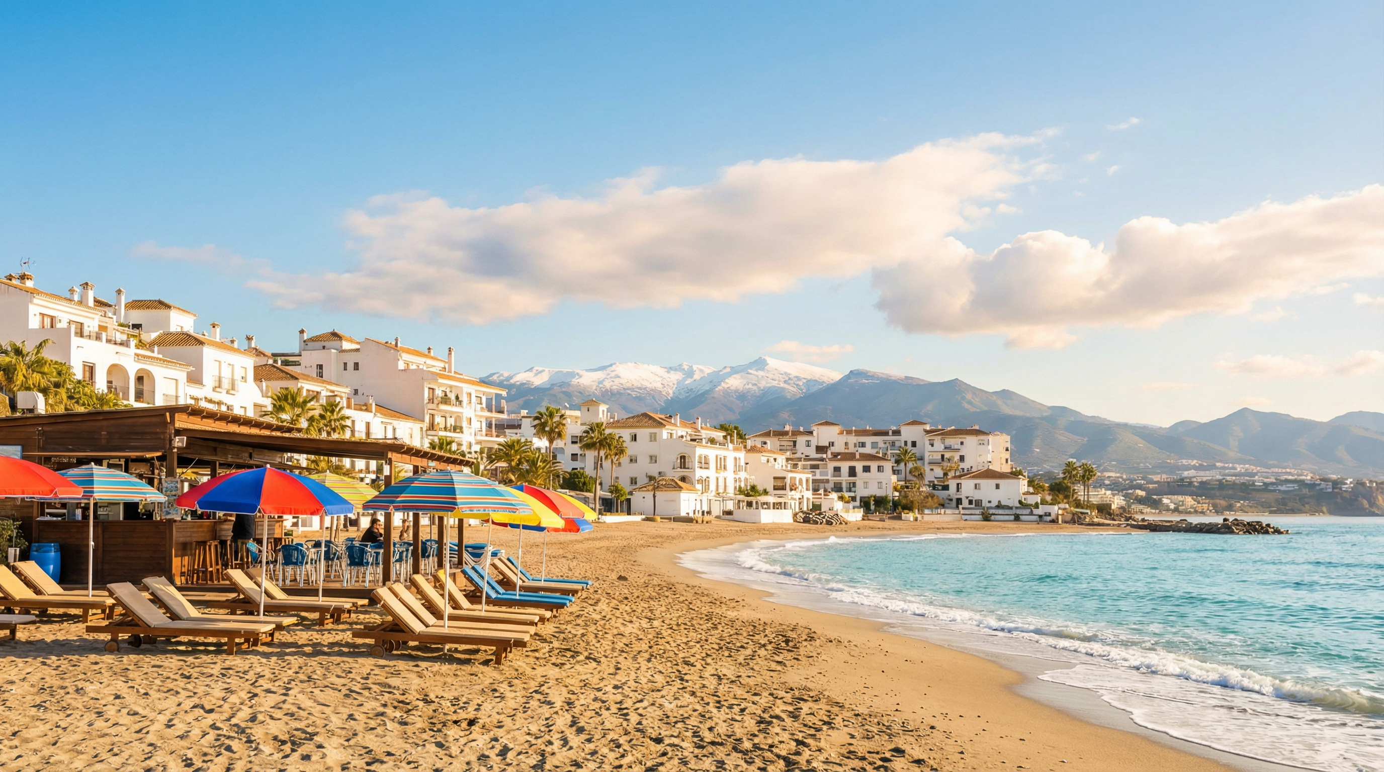 Adembenemend zonovergoten strandbeeld in de Costa del Sol, met een levendige strandbar, kleurrijke parasols en de Sierra Nevada bergen onder een blauwe lucht.
