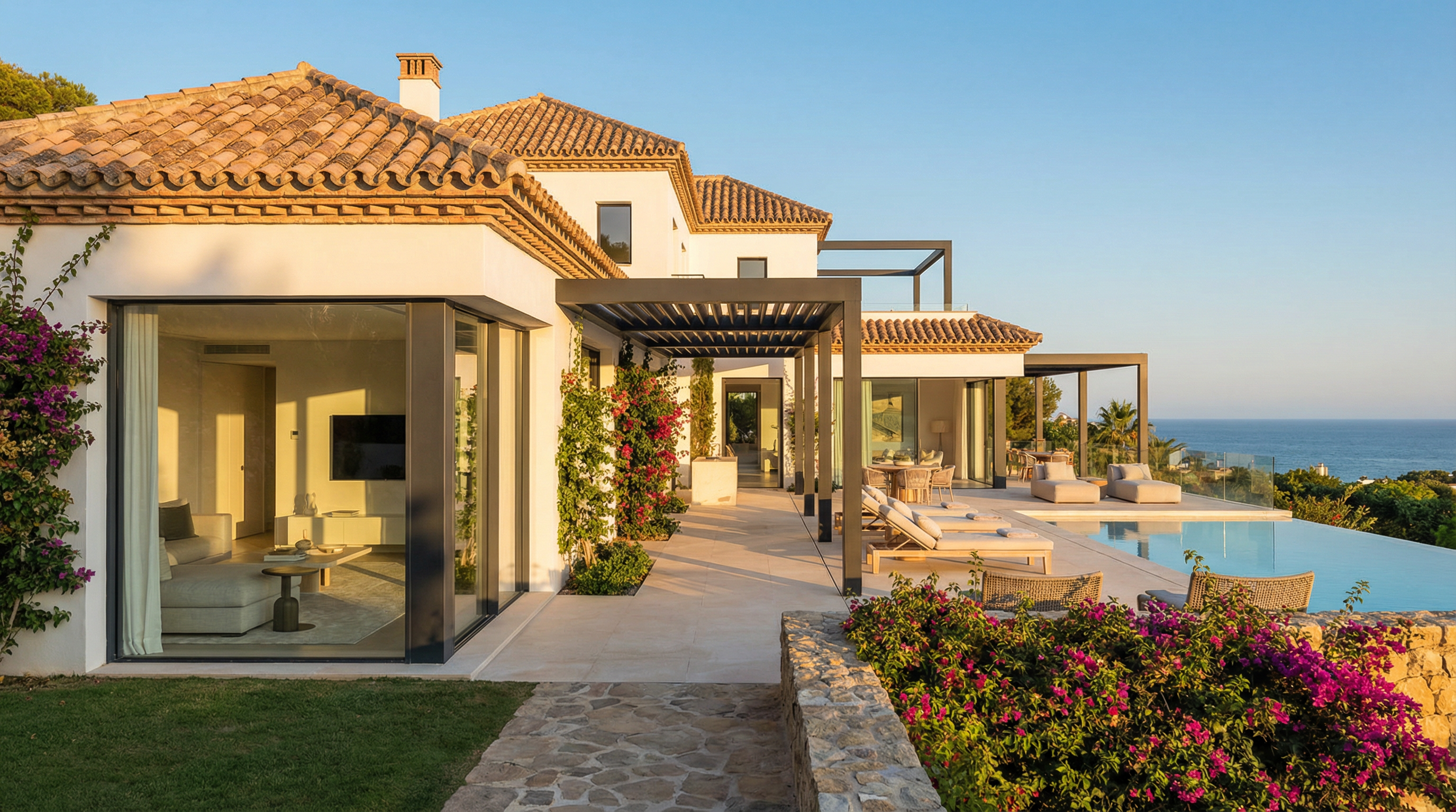 Een prachtige villa aan de kust van Costa del Sol, met een combinatie van mediterrane architectuur en moderne ontwerpen, omgeven door weelderige tuinen.