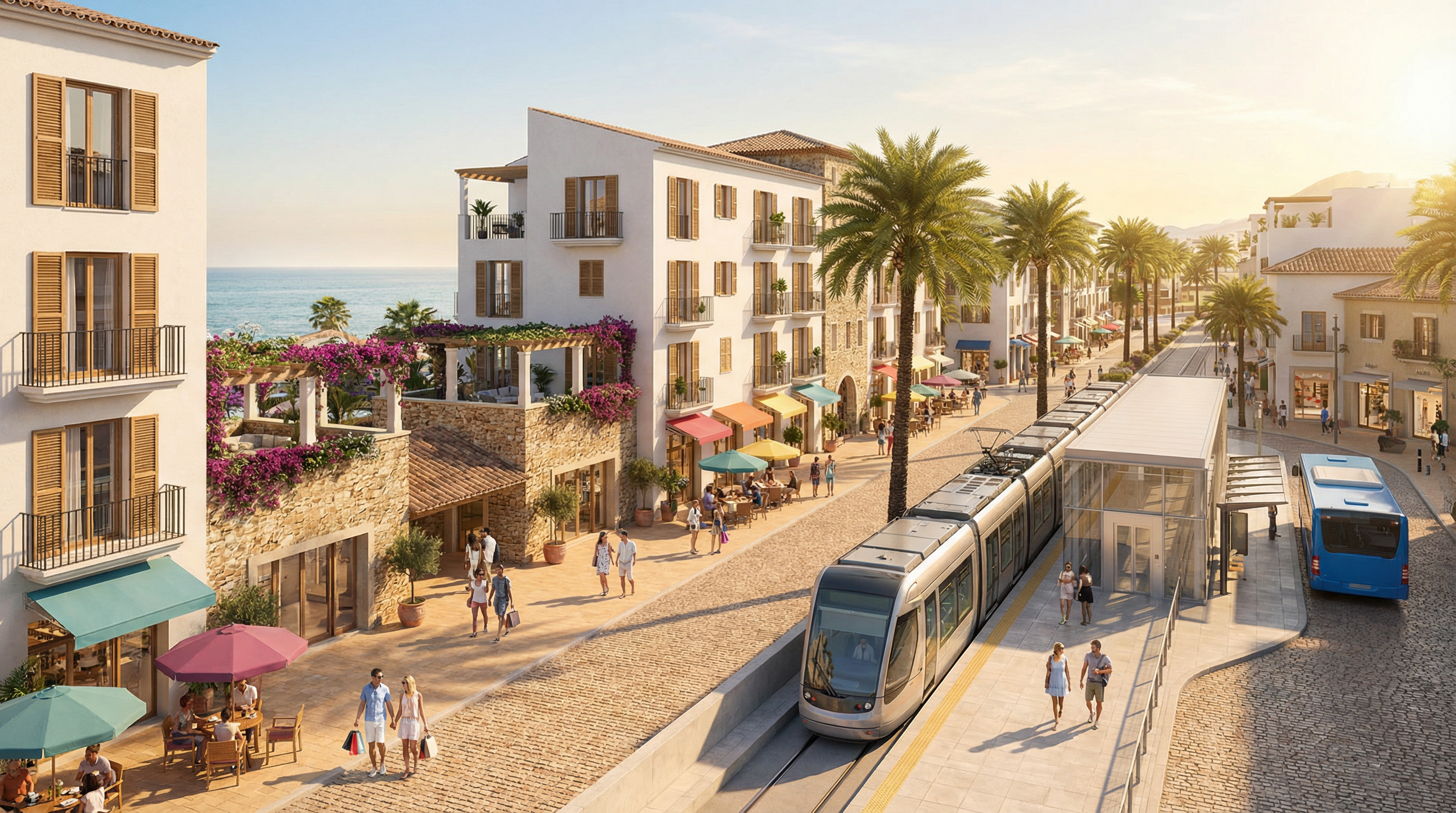 Vibrant street scene in a Costa del Sol town showcasing modern architecture with traditional Mediterranean styles, featuring people using public transport.