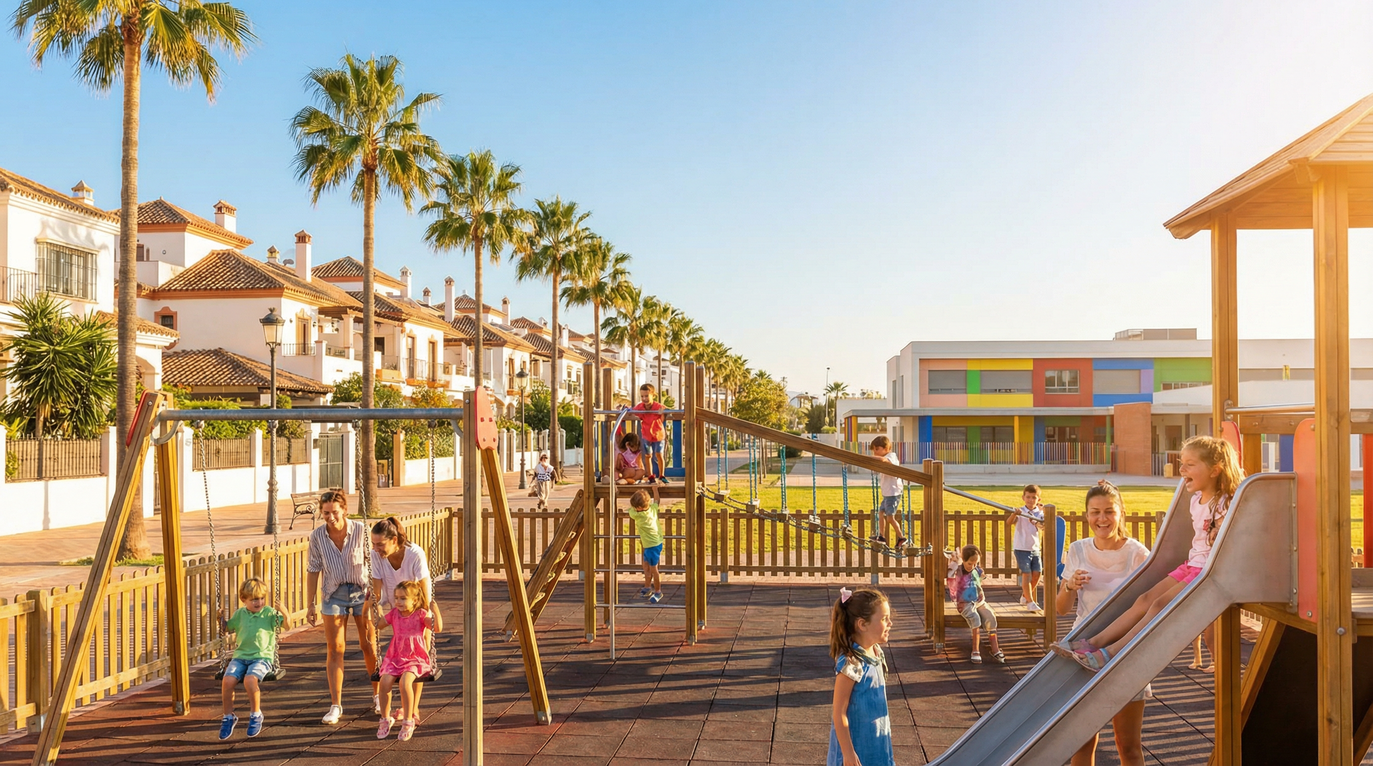 Eine lebhafte Familie, die einen sonnigen Tag auf einem Spielplatz an der Costa del Sol genießt, mit Palmen, spielenden Kindern und bunten Schulgebäuden im Hintergrund.