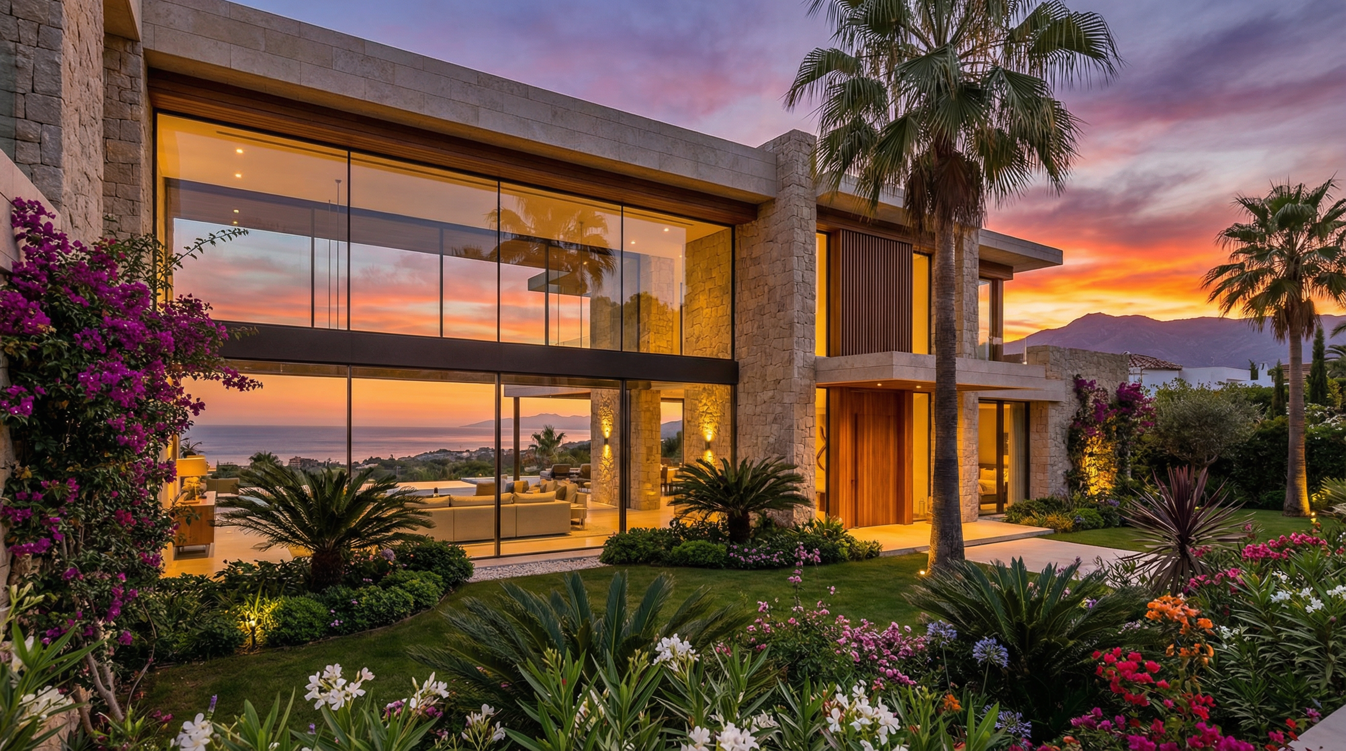 Luxurious villa in Costa del Sol showcasing modern architecture amid lush landscapes, with sunset reflections over the Mediterranean Sea.