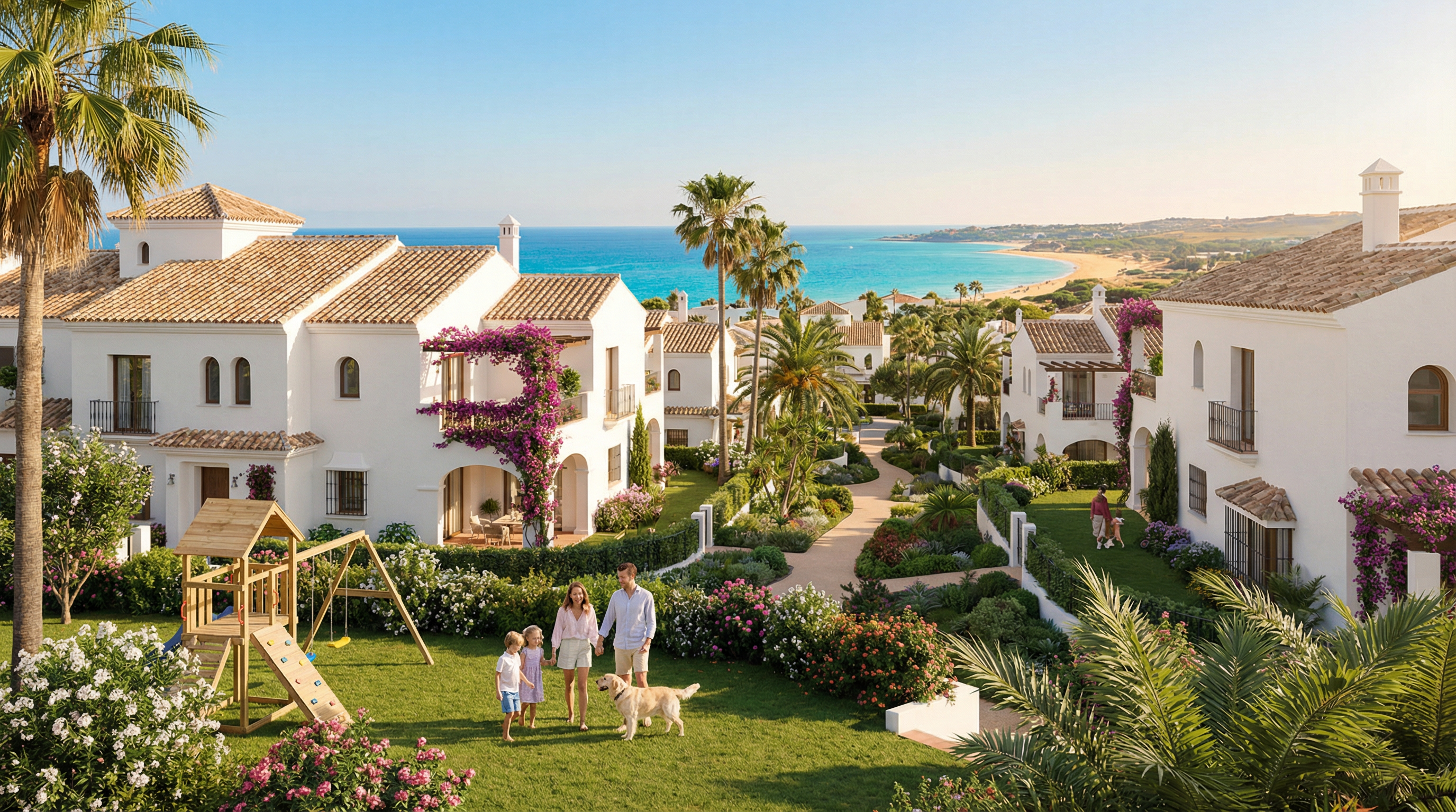 Un quartier dynamique et familial de la Costa del Sol avec des maisons méditerranéennes, des palmiers et une famille jouant dans un parc ensoleillé.