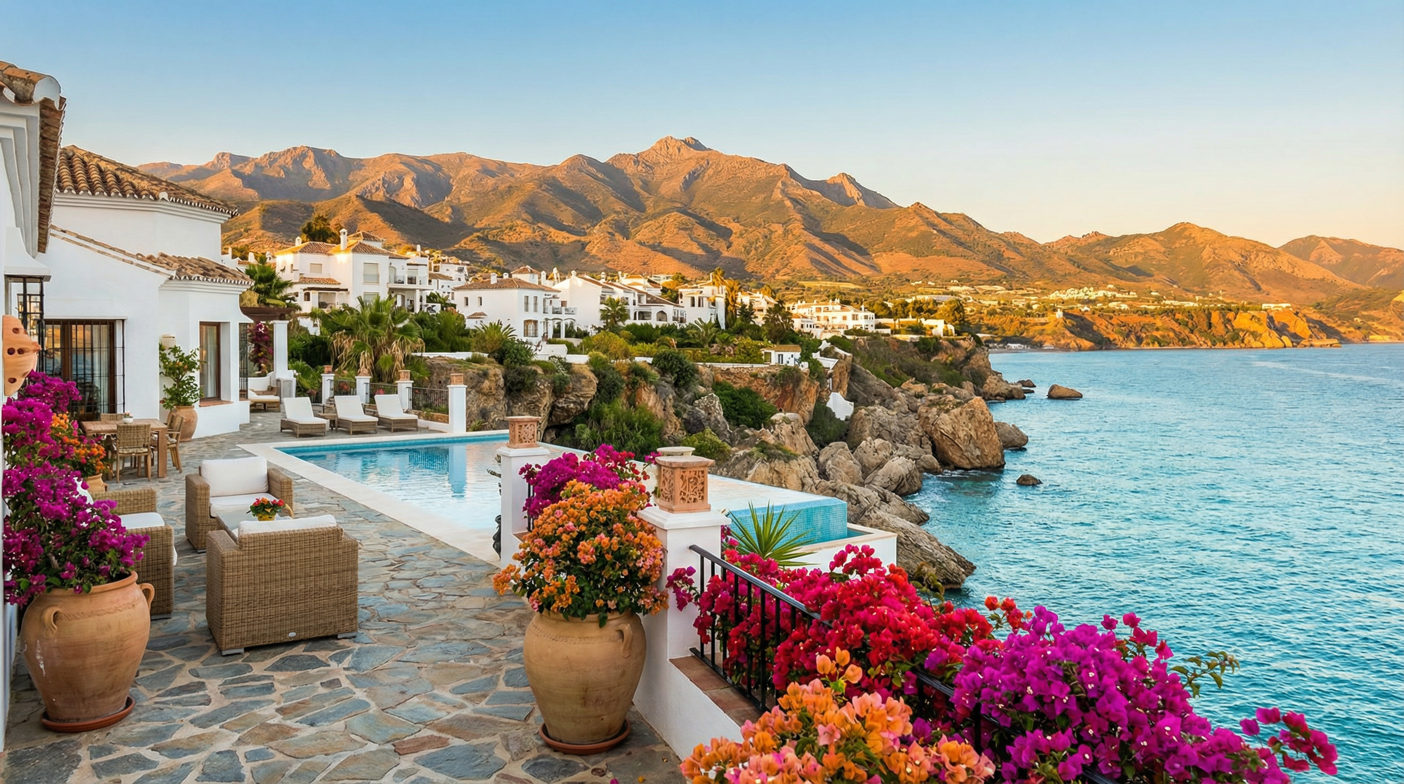 A Costa del Sol lenyűgöző tengerparti látképe, fehér falú luxusvillákkal és terrakotta tetőkkel, a mediterrán életstílus varázsával.