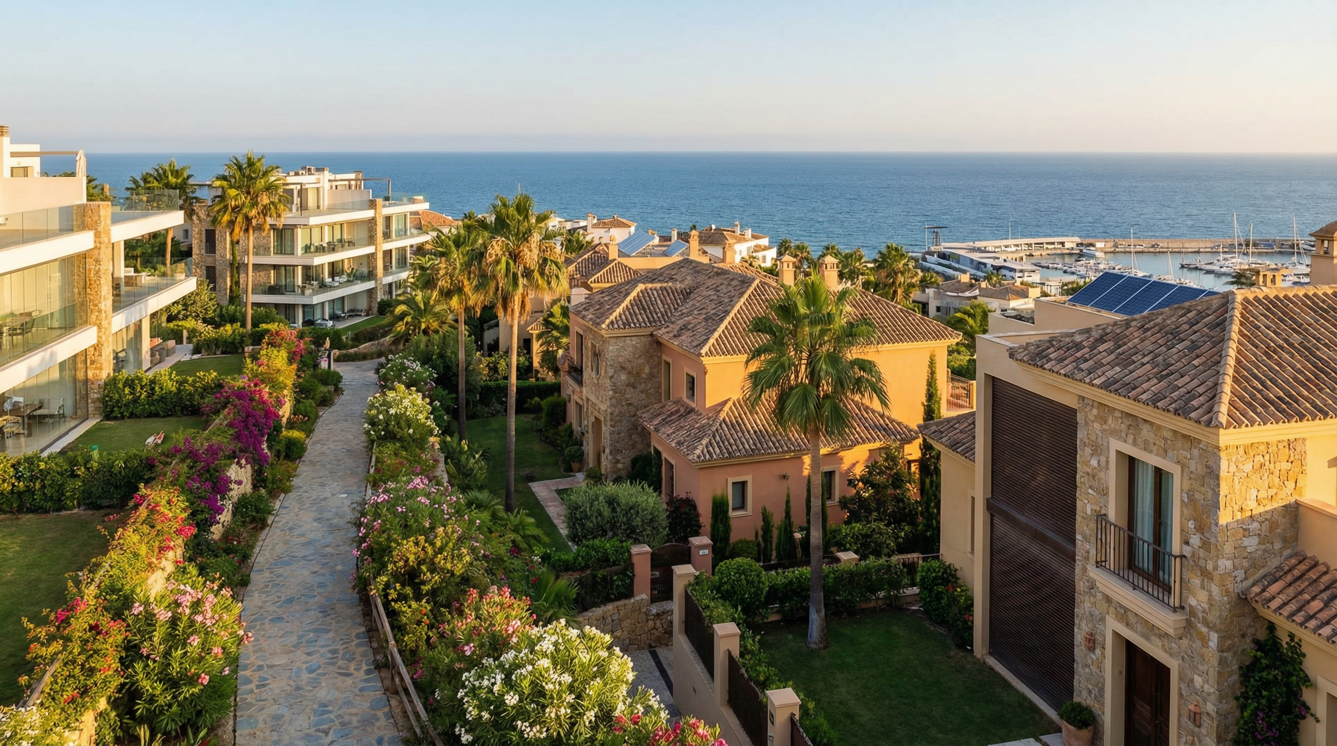 Een hyperrealistische, cinematografische foto van de kustlijn van de Costa del Sol — genomen vanaf een zonnig dakterras in Estepona of Málaga