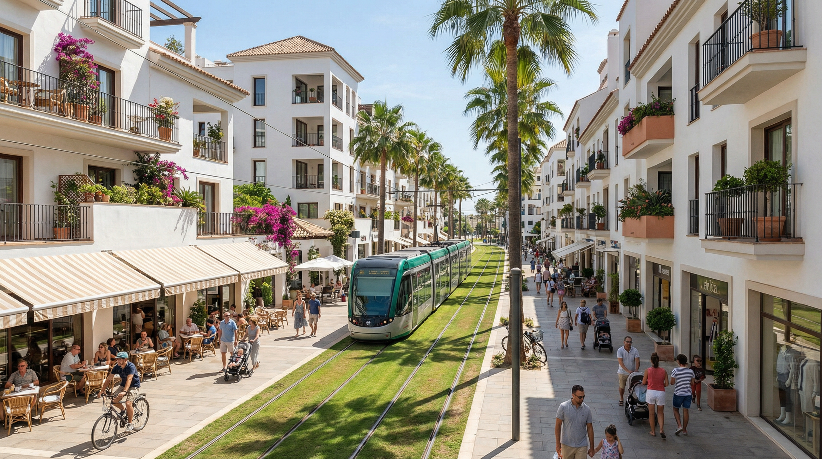 A lively street scene in Costa del Sol featuring an electric tram, pedestrian pathways, and outdoor cafes amidst modern Mediterranean architecture.