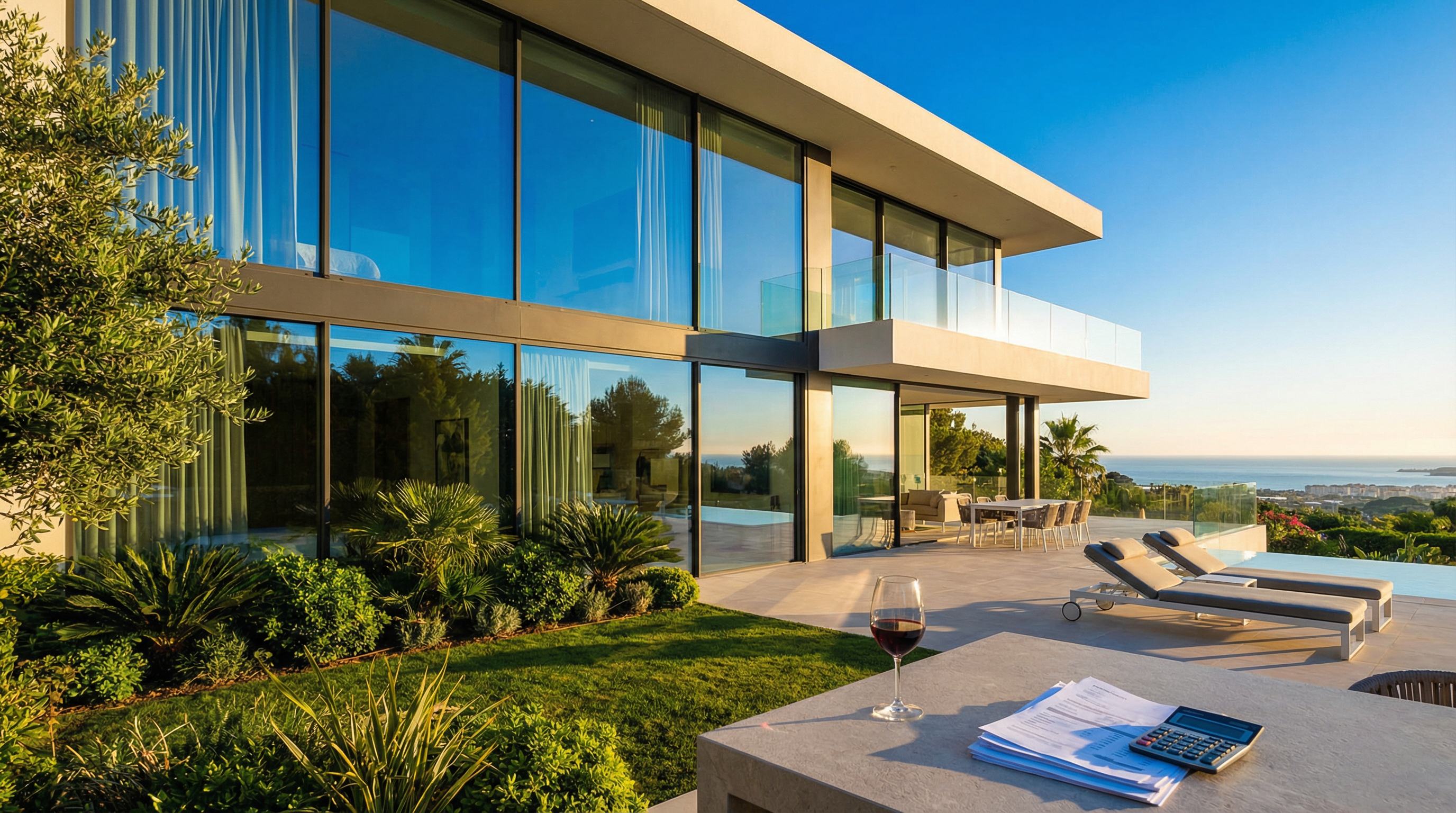 Villa moderne sur la Costa del Sol avec de grandes fenêtres en verre reflétant le ciel bleu, entourée de verdure luxuriante et d'un jardin soigné, illustrant le style de vie méditerranéen.