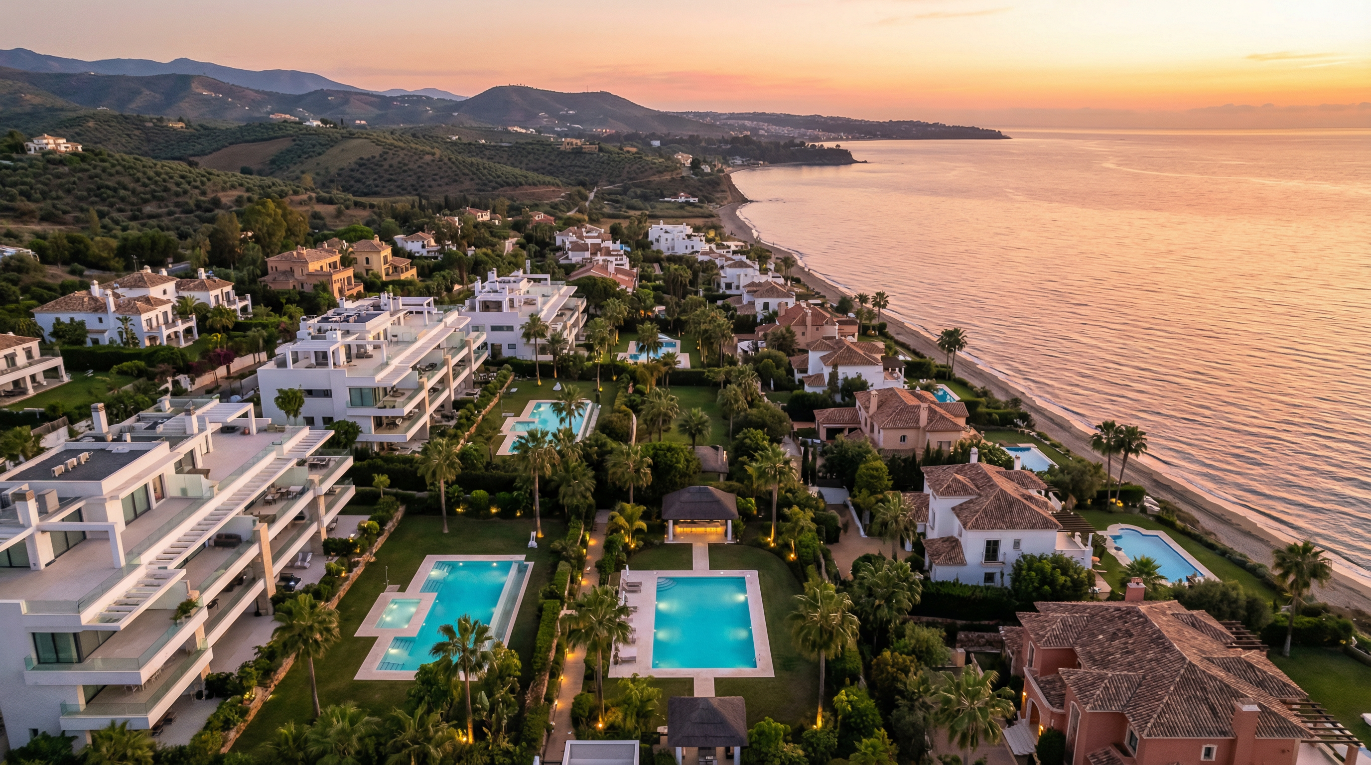 Aerial view of the stunning Costa del Sol coastline at sunset, showcasing luxury villas and modern apartments amidst vibrant colors reflecting on the ocean.