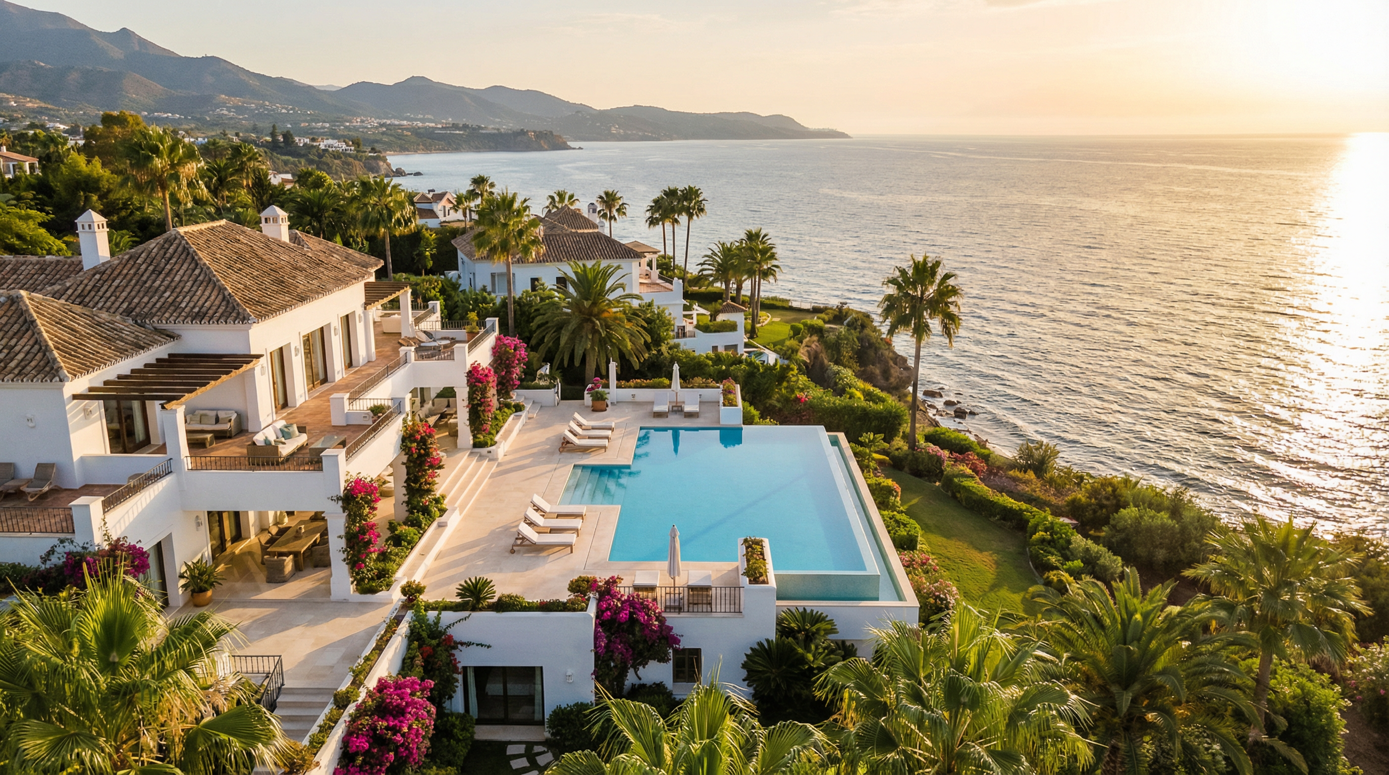 Vue aérienne d'une villa luxueuse à Costa del Sol, Espagne, surplombant la mer Méditerranée avec de vastes terrasses et une piscine à débordement, entourée de jardins et de palmiers.
