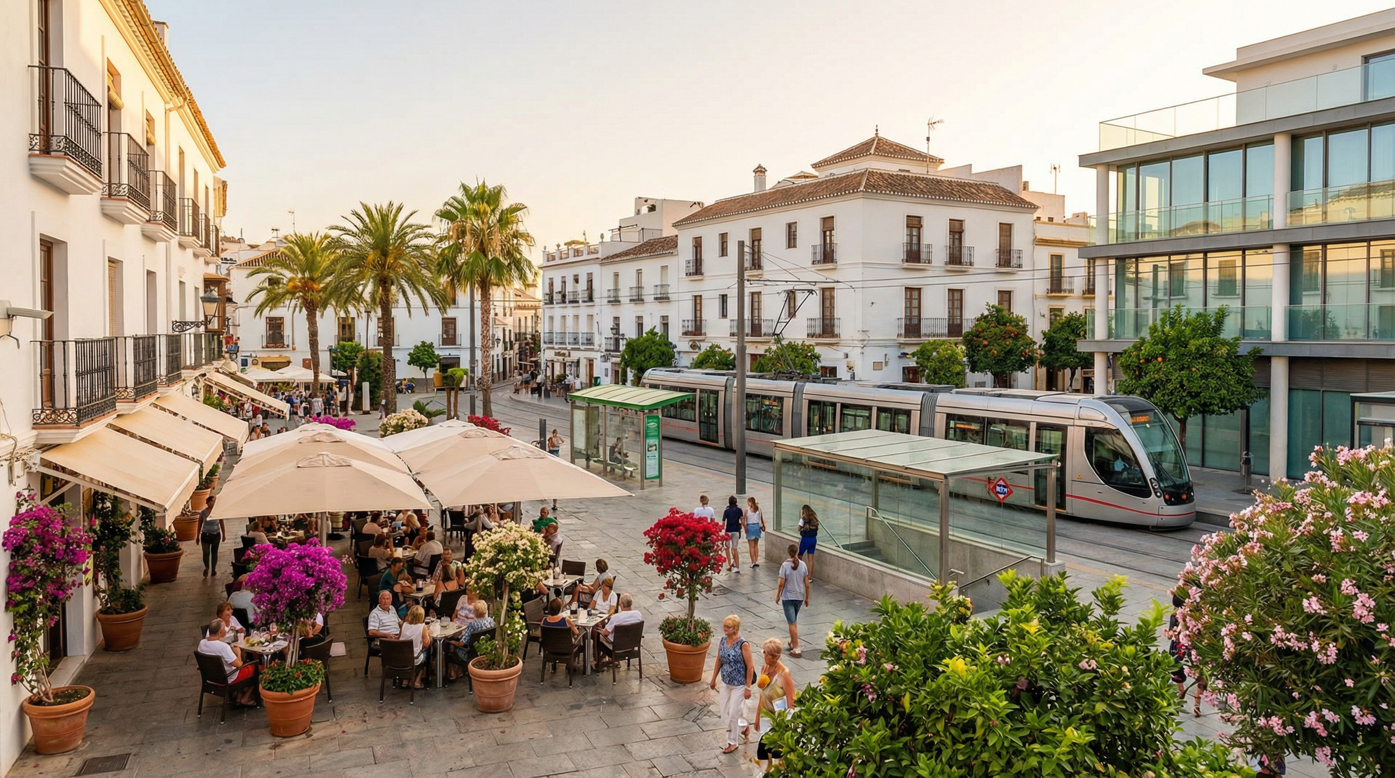 Levendige straat in Costa del Sol met traditionele en moderne architectuur, een charmante plaza met mensen, cafés en toegankelijke openbaar vervoer.