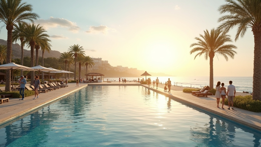 Beach promenade, golden light, and people enjoying the coastal lifestyle in beautiful retirement Costa del Sol.