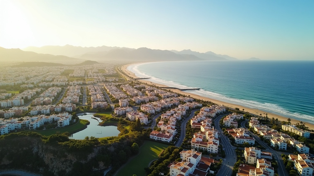 Côte ensoleillée de la Costa del Sol avec des eaux méditerranéennes bleues, des palmiers et des montagnes sous un brillant soleil espagnol