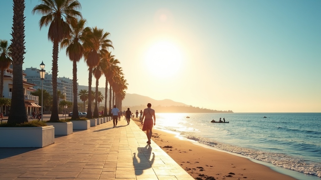 Sonnige Terrasse mit Blick auf das Mittelmeer an der Costa del Sol unter klarem blauen Himmel, die die täglichen Sonnenstunden demonstriert