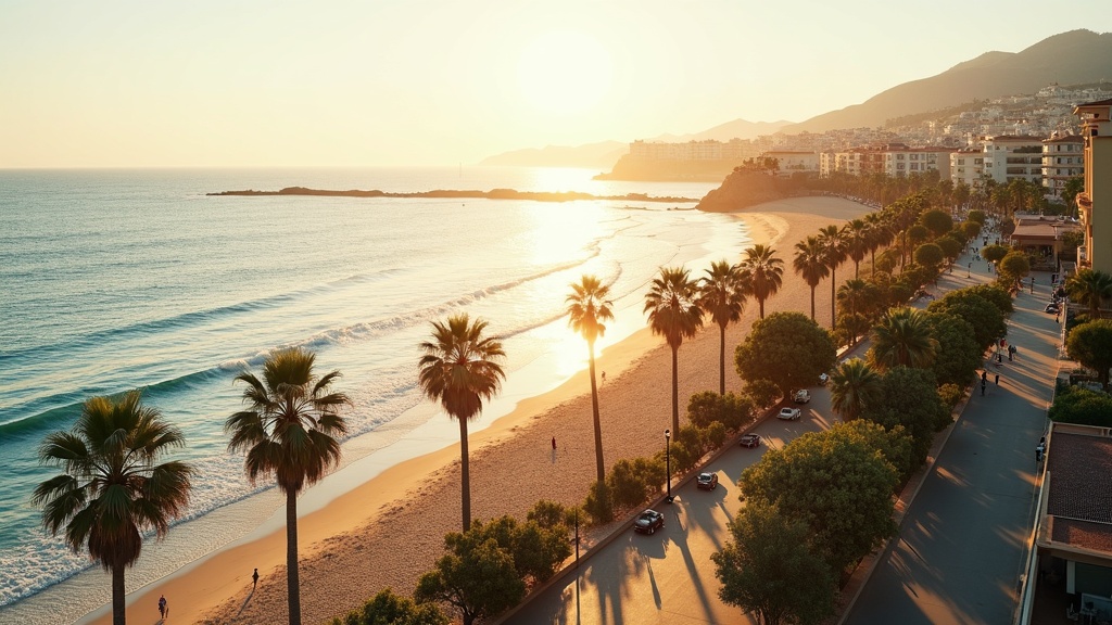 Sunny Costa del Sol coastline with blue Mediterranean Sea, white buildings, and mountain backdrop showcasing perfect climate