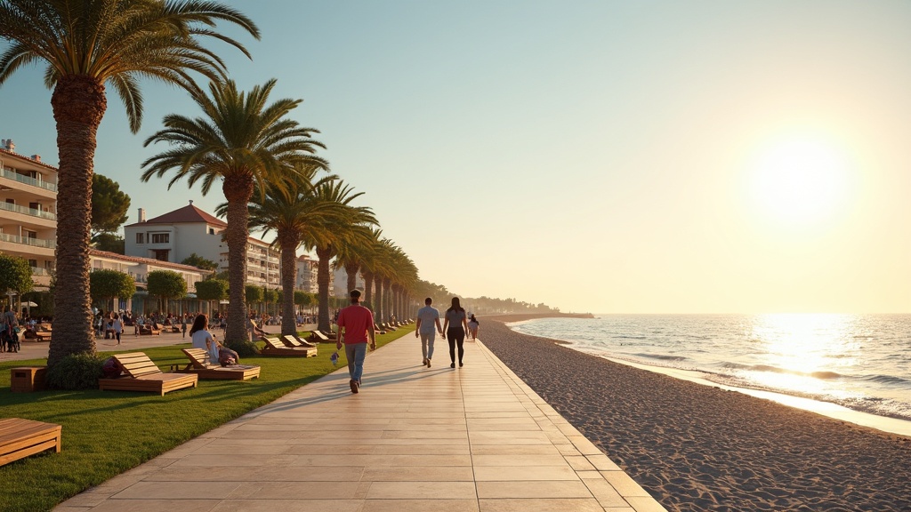 Golfers spelen op een weelderig groen golfbaan in Costa del Sol met de Middellandse Zee en bergen op de achtergrond in fel zonlicht