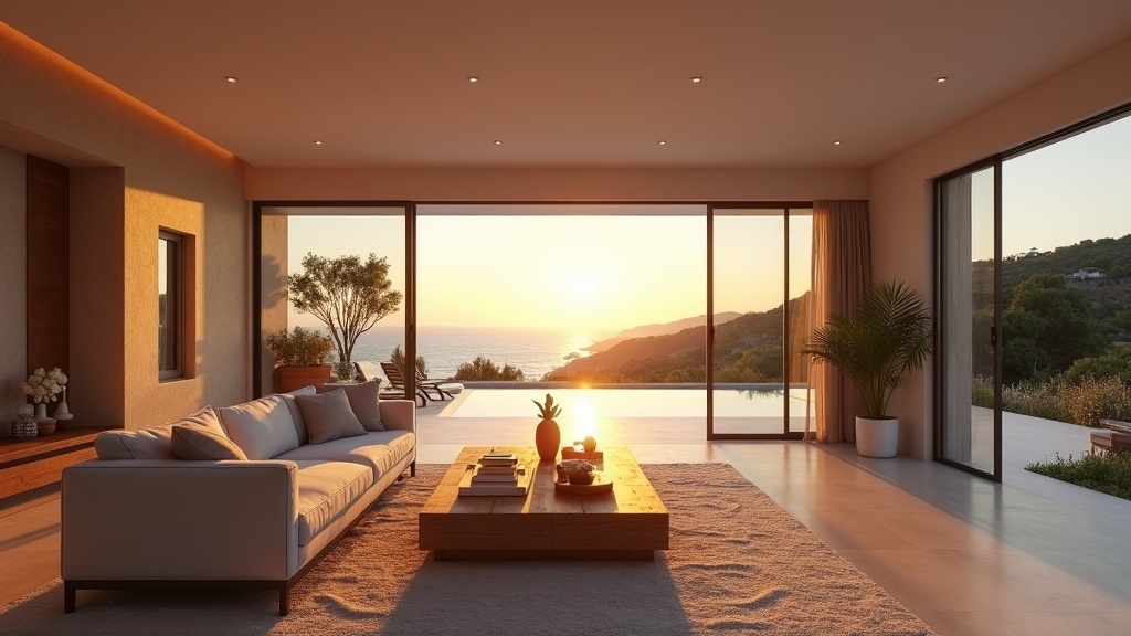 Ruime woonkamer van wellnessvastgoed in Costa del Sol met zonsondergangsgloed, eigentijds ontwerp en toegang tot het terras.