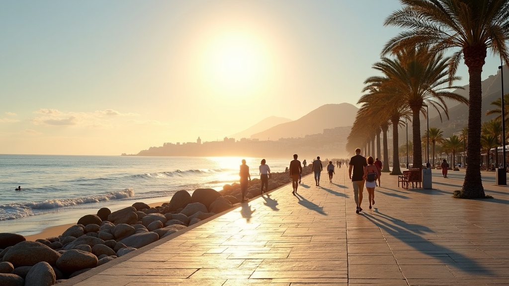 Zonnige kustlijn van de Costa del Sol met Estepona stranden en een heldere blauwe lucht en bergachtergrond