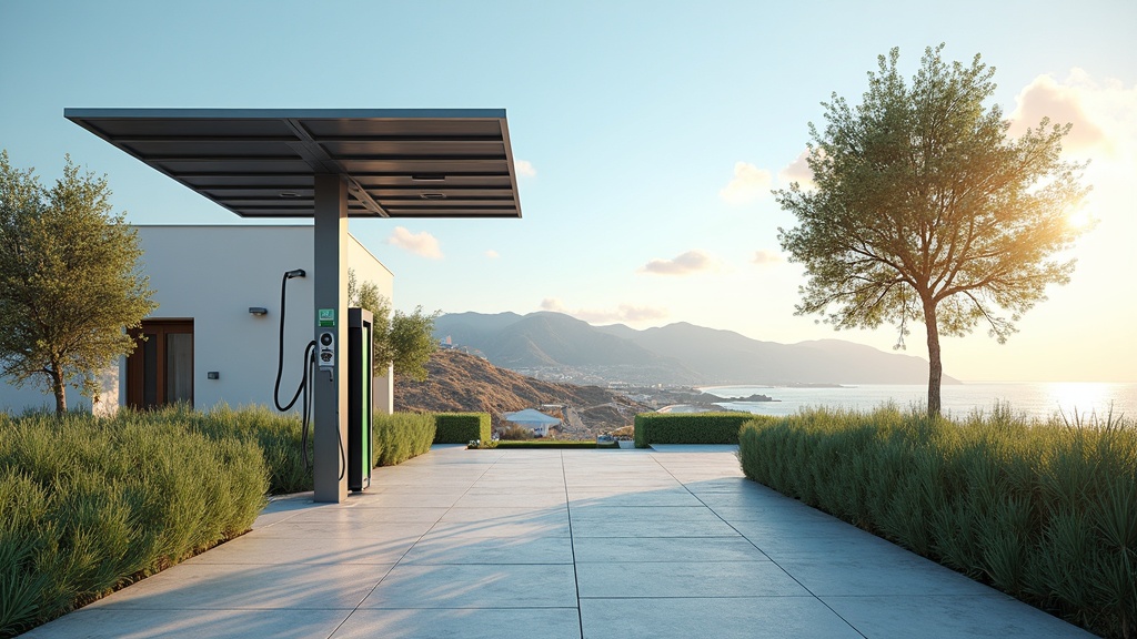 Station de recharge moderne pour véhicules électriques avec auvent solaire près de maisons de luxe. Sierra de Mijas et plages dorées au lever du soleil ; climat idéal de la Costa del Sol pour les résidents britanniques.
