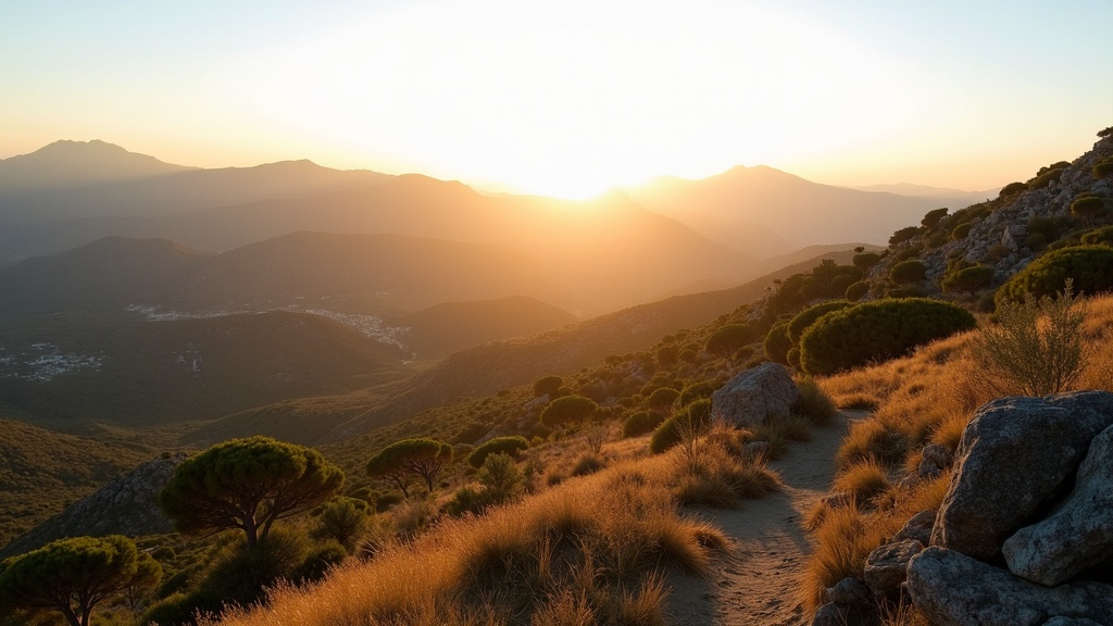 Goldene Stunde über den Sierra Blanca Bergen. Erleben Sie die Durchschnittstemperaturen an der Costa del Sol beim Wandern auf Naturwegen.