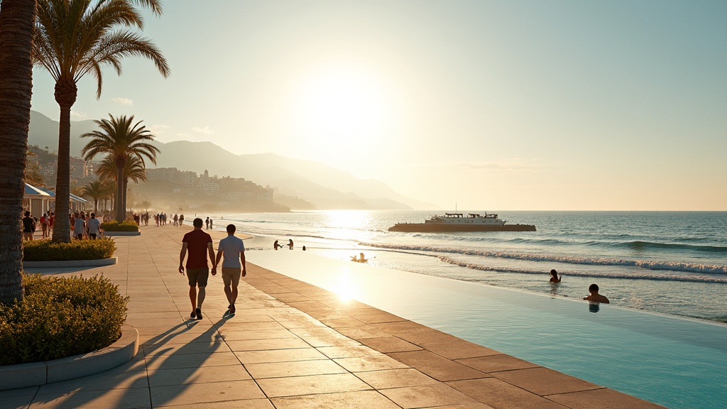 Style de vie côtier sur la promenade de la Costa del Sol, inspirant les Terrains de golf et la valeur des investissements Costa del Sol. Lumière dorée du matin, des gens se promènent au bord de la mer Méditerranée.