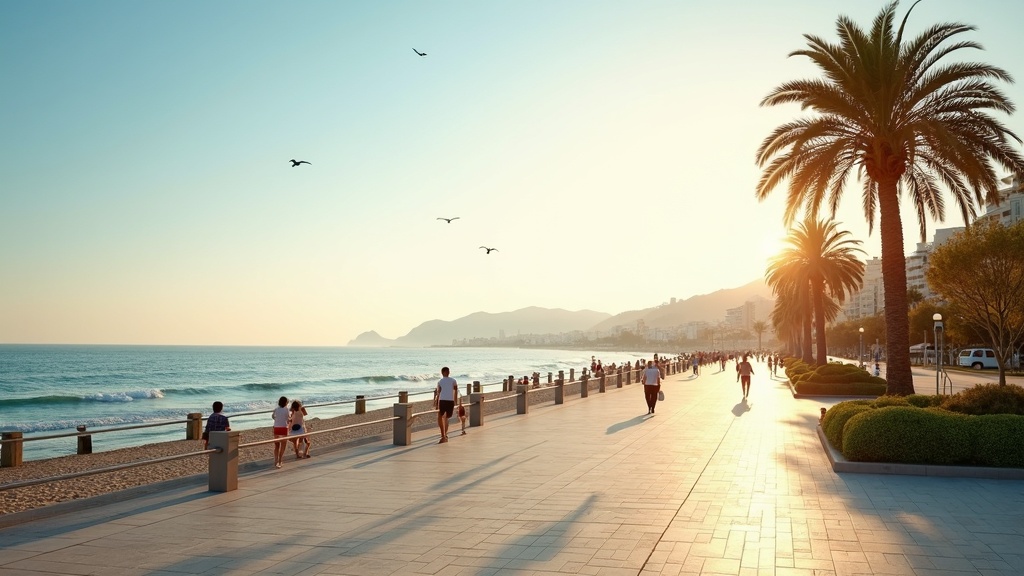 Klima Costa del Sol Flora Fauna: Menschen genießen goldene Morgensonne an der palmengesäumten Promenade am Mittelmeer.