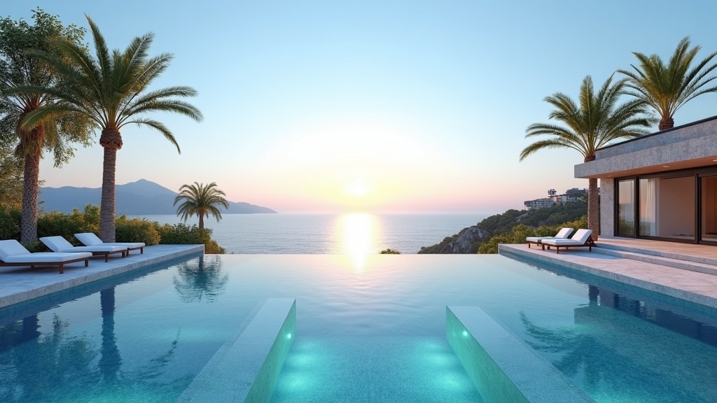 Luxe vastgoed aan de Costa del Sol, zeezicht, infinity pool, palmbomen. Benadrukt geweldige Málaga Airport verbindingen VK Ierland voor droomleven.