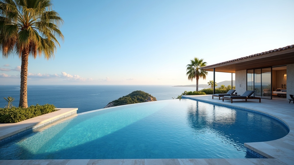 Maison méditerranéenne de luxe avec vue sur la mer, piscine à débordement, palmiers. Accessibilité de la Costa del Sol pour les retraités aéroport de Málaga style de vie de rêve.