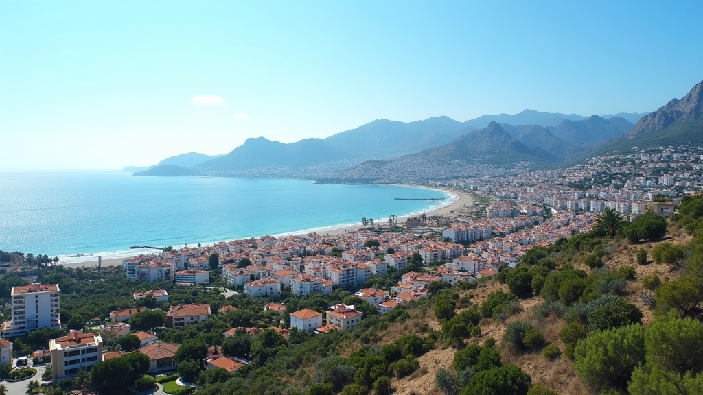 Vue panoramique d'une propriété sur la colline de la Costa del Sol montrant la côte méditerranéenne et les chaînes de montagnes au loin