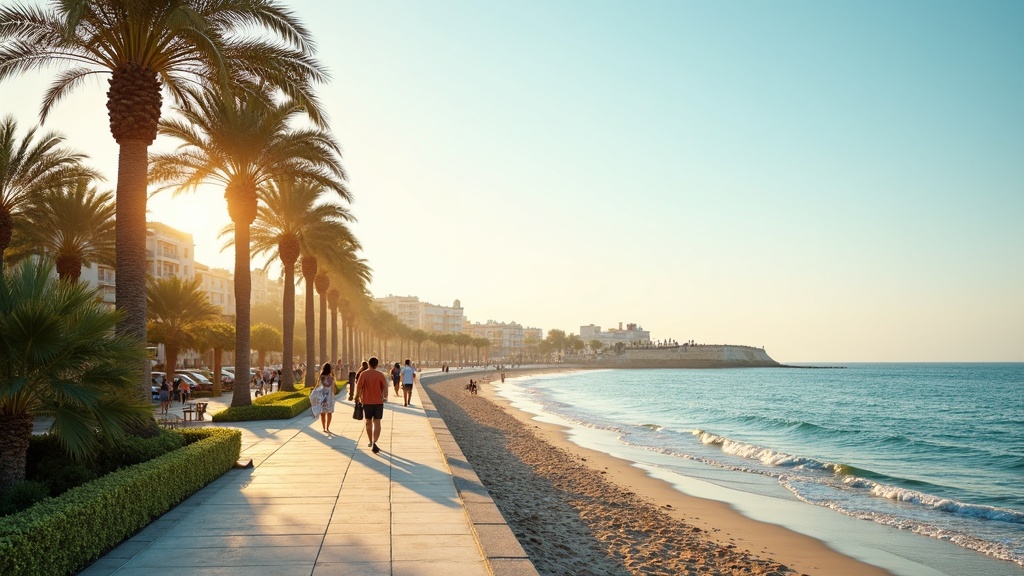Côte ensoleillée de la Costa del Sol avec des eaux méditerranéennes bleues, des palmiers et un ciel dégagé montrant un climat parfait