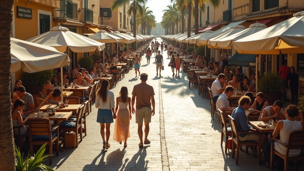 International expats enjoying outdoor dining and socialising at a beachside terrace in Marbella with Mediterranean views