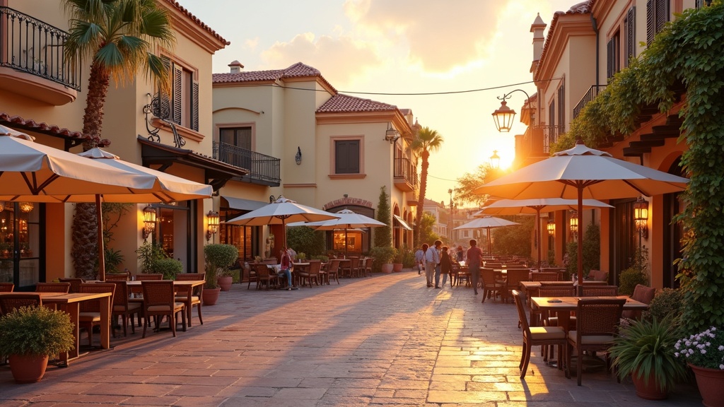Gyllene timmes ljus på en plaza i Costa del Sol, som framhäver en charmig livsstil där energieffektiva hem och hållbara byggmaterial erbjuder smarta investeringsmöjligheter.