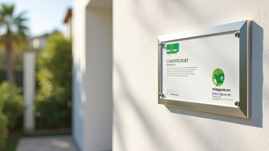 BREEAM-plaat op een passief huis Spanje gevel, die de voordelen van zonne-energie systemen & natuurlijke ventilatiearchitectuur toont.