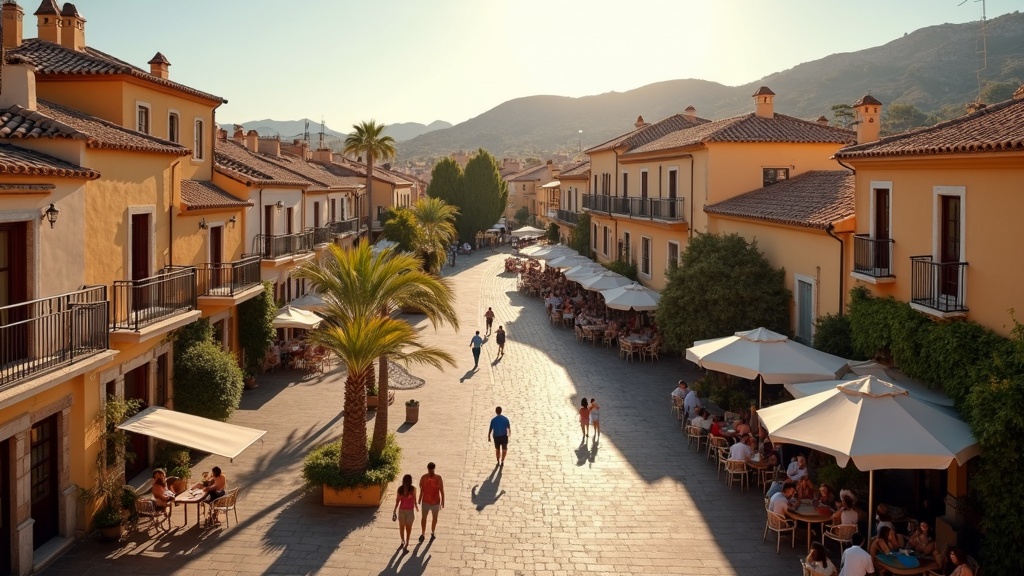 Charmante place de la Costa del Sol avec restauration en plein air, inspirant un mode de vie en réponse à l'achat d'une maison de vacances. Est-ce cher ?