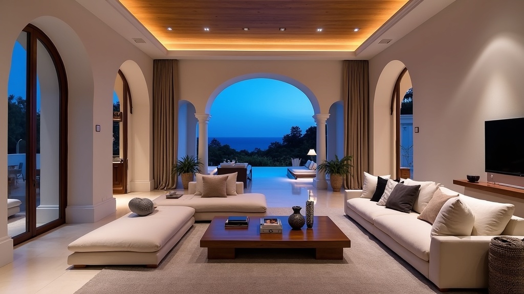 Luxuriöses Wohnzimmer, spanische Grundsteuern Costa del Sol. Vergleichen Sie hochwertige Ausstattungen und Terrassenzugang.