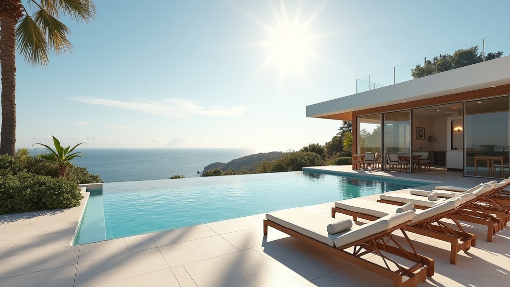 Panoramic view of Costa del Sol coastline with blue skies, golden beaches, and whitewashed buildings in bright sunshine