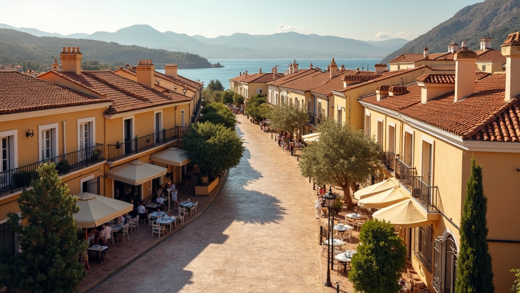Panoramablick auf die Küste der Costa del Sol mit goldenem Sonnenschein, mediterraner Architektur und Außenbereichen, die den Lebensstil der Region präsentieren