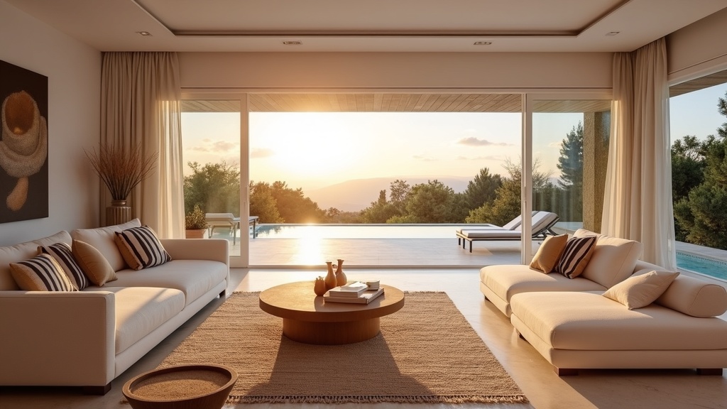 Sunny winter terrace overlooking Costa del Sol coastline with blue Mediterranean Sea and mountain backdrop
