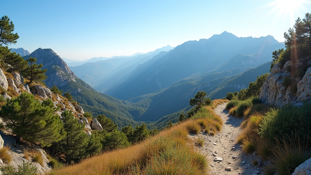 Randonneurs sur un sentier de montagne surplombant la côte de la Costa del Sol depuis le parc national de la Sierra de las Nieves, Espagne