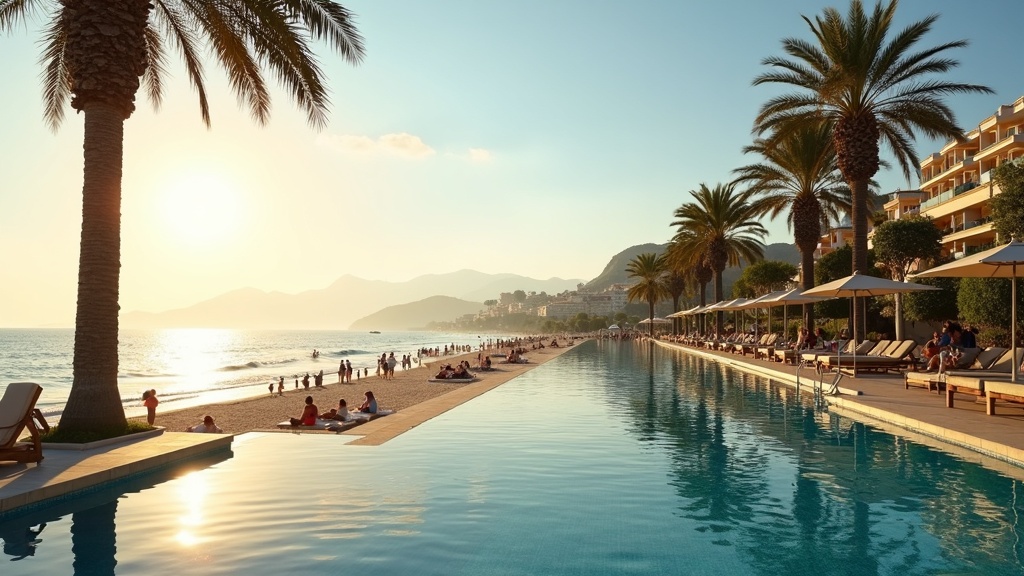 Plage ensoleillée de la Costa del Sol avec des personnes faisant de l'exercice, des palmiers et des eaux méditerranéennes bleues montrant un mode de vie extérieur sain