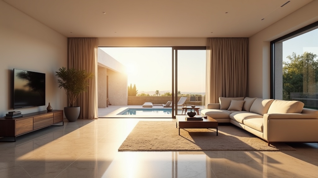 Ruhige Küstenlandschaft der Costa del Sol mit moderner Villa mit Blick auf das Mittelmeer und Palmen