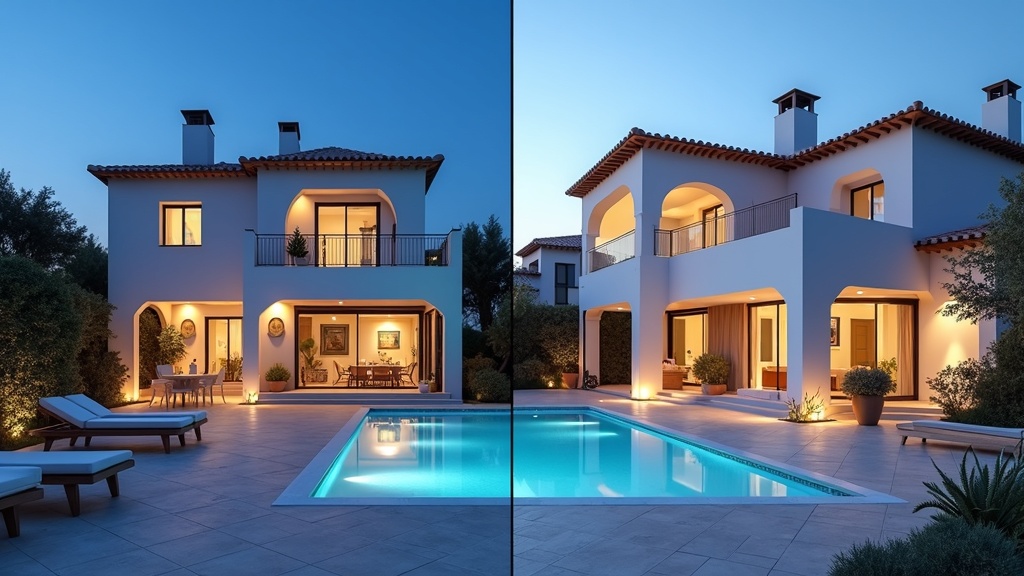 Vergelijking van directe verzekeraarcontracten versus IMO: Twee verschillende Costa del Sol eigendommen, interieurindelingen en prijsverschillen illustreren het contrast.