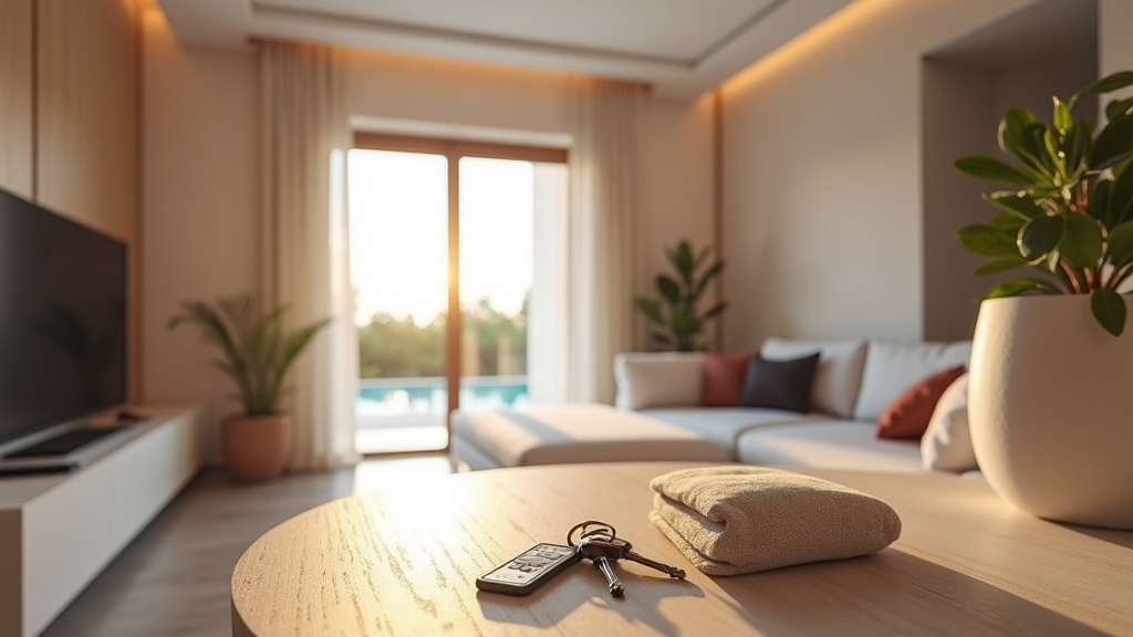 Clés sur une table minimaliste dans une maison moderne et luxueuse de la Costa del Sol, symbolisant une indépendance immédiate d'agence d'assurance.
